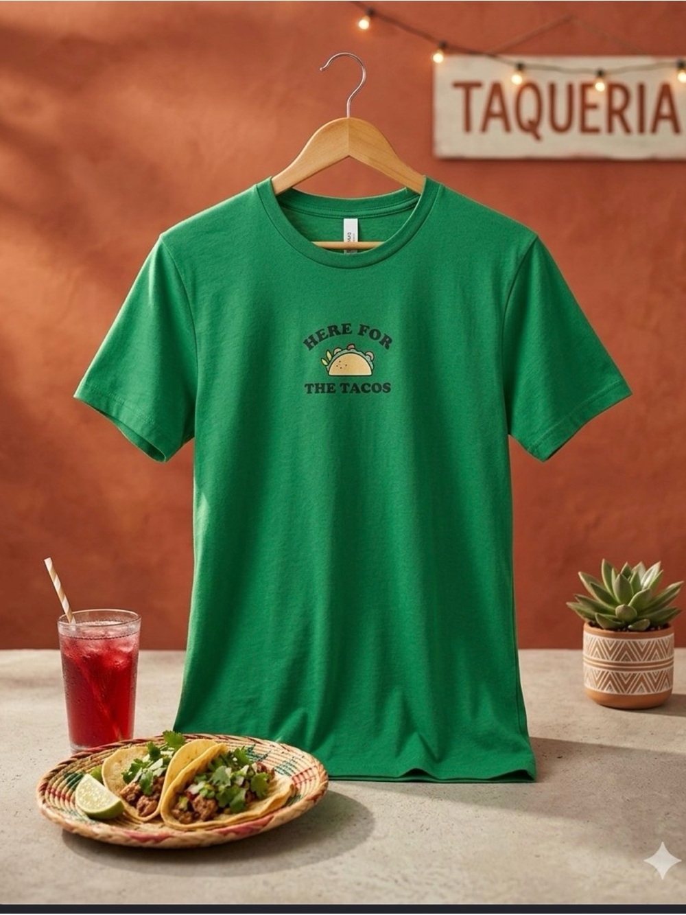 Tee Culture "Here For The Tacos" Green Graphic Tee Shirt Size Medium